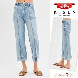 RISEN High Rise Waist Front Seam Detailed Light Wash Crop Wide Leg Denim Jeans